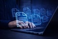 AI generated floating document icons above laptop representing online file management data processing cloud storage and digital Royalty Free Stock Photo