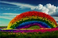 AI generated flowers shaped in a rainbow in a field with clouds on the background