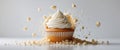 Fluffy cupcake bursting with crumbs in dynamic display.