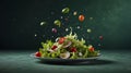 flying salad on green solid color background. Royalty Free Stock Photo