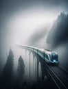 Ai generated foggy bridge with a train passing through