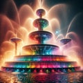 AI generated fountain of vivid and vibrant colors in a dark night