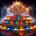 AI generated fountain of vividly colourful water in a dark night Royalty Free Stock Photo