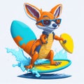 AI generated fox riding surfboard
