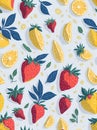 Ai generated a fruity pattern featuring strawberries, lemons, and cherries on a white backdrop