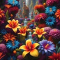 Background of a group of fantastic bright colorful exotic flowers with small cascades