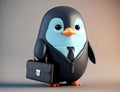 Cute tiny penguin wearing classic suit and tie with leather suitcase - AI generated cartoon character