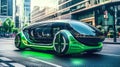 AI Generated Future Car A Futuristic and Sleek Photo of a Light Green and Black Autonomous Vehicle in a Smart City Royalty Free Stock Photo