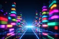 AI generated futuristic abstract digital city with neon data blocks and glowing grid pathway representing big data networks Royalty Free Stock Photo