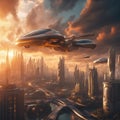 AI generated futuristic cityscape featuring a flying taxi as the sun sets in the horizon