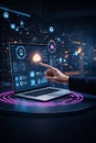 AI generated futuristic cloud computing and cyber security interface with hand touching laptop screen showing data analytics Royalty Free Stock Photo