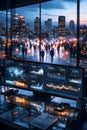 Futuristic Data Monitoring Office Overlooking Crowd In Smart City Night Royalty Free Stock Photo