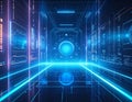Futuristic AI Data Center Corridor with Neon Cyberpunk Interface and Advanced Digital Server Technology Royalty Free Stock Photo