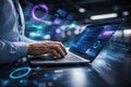 AI generated futuristic developer hands typing on laptop with digital code interface representing programming cybersecurity data Royalty Free Stock Photo