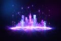 AI generated futuristic digital city with glowing skyline and falling data light streams representing big data artificial Royalty Free Stock Photo