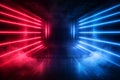 AI generated futuristic digital data corridor with red and blue neon light streams converging into a dark center symbolizing high Royalty Free Stock Photo