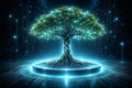 AI generated futuristic digital energy tree with glowing blue green light on circular platform symbolizing artificial intelligence Royalty Free Stock Photo