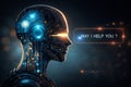 AI generated futuristic digital humanoid ai assistant head with glowing circuitry neural data flow and interactive help message Royalty Free Stock Photo