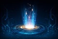 AI generated futuristic digital platform emitting blue energy beams with circuit patterns symbolizing advanced technology data Royalty Free Stock Photo