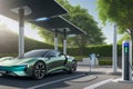 Futuristic electric car on the charging station, progressive concept, sustainable resources and lifestyle