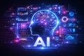 AI generated futuristic human head with glowing neural brain data interfaces dashboards code and learning flow representing Royalty Free Stock Photo
