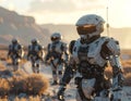 Futuristic Humanoid Robots Exploring Desert Landscape Artificial Intelligence Robotics Technology Future Automation Sci Fi Concept Royalty Free Stock Photo