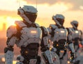 Futuristic Humanoid Robots Standing in Formation Artificial Intelligence Robotics Technology Future Automation Concept at Sunset Royalty Free Stock Photo