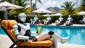 AI generated futuristic image of a robot sitting by the pool and drinking cocktails