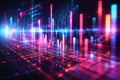 AI generated futuristic neon data analytics dashboard with glowing bar charts financial graphs and digital grid interface in Royalty Free Stock Photo