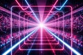 AI generated futuristic neon digital tunnel with glowing pink blue light frames deep perspective and fast data flow representing Royalty Free Stock Photo