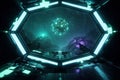 AI generated futuristic sci fi laboratory interior viewed through hexagonal window with glowing quantum energy sphere advanced Royalty Free Stock Photo