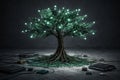 AI generated futuristic technology tree made of green circuit boards glowing data nodes and electronic roots symbolizing Royalty Free Stock Photo