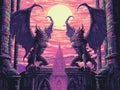 AI-Generated Gargoyles Guarding Pixelated Castle in 1980s Game Style