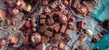 Ai Generated, Generative Ai, Top view various kind of chocolate cacao candies mixed flavor in luxury transparent glass plate, Royalty Free Stock Photo