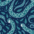 Seamless pattern with snakes and leaves on blue background. Vector illustration. Ai generated