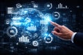 AI generated global analytics interface with holographic globe charts and digital dashboard showing business data visualization Royalty Free Stock Photo