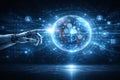 AI generated global artificial intelligence technology with robotic hand interacting with digital data sphere representing Royalty Free Stock Photo