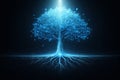 AI generated glowing blue circuit tree with digital roots and data leaves symbolizing artificial intelligence knowledge growth and Royalty Free Stock Photo