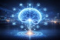 AI generated glowing blue digital human brain connected with data icons and networks representing artificial intelligence machine Royalty Free Stock Photo