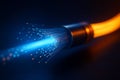 AI generated glowing blue fiber optic strands with bright particles streaming forward and contrasting orange light behind Royalty Free Stock Photo
