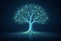 AI generated glowing blue green digital tree with data icons and network branches on dark background symbolizing knowledge Royalty Free Stock Photo