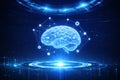 AI generated glowing blue human brain hovering above digital platform neural network nodes and data connections representing Royalty Free Stock Photo