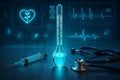 AI generated A glowing blue thermometer rests on a digital control surface surrounded by medical tools and biometric graphs Royalty Free Stock Photo