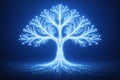 AI generated glowing blue white digital tree with circuit branches and light nodes symbolizing artificial intelligence data Royalty Free Stock Photo