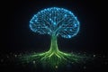 AI generated glowing brain shaped tree with blue neural circuits and green digital roots symbolizing artificial intelligence Royalty Free Stock Photo