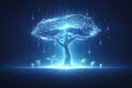 AI generated glowing cyan digital tree with polygon network canopy data streams and young sprouts on dark blue background Royalty Free Stock Photo