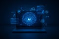 AI generated glowing digital brain above laptop representing artificial intelligence data processing machine learning automation Royalty Free Stock Photo