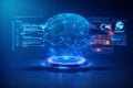 AI generated glowing digital brain hologram neural connections floating above energy platform surrounded by data dashboards Royalty Free Stock Photo