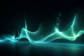 AI generated glowing digital data wave with flowing mesh lines and turquoise green particles expressing energy technology Royalty Free Stock Photo