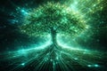 AI generated glowing digital energy tree merging nature and technology with emerald light data roots and vibrant particles Royalty Free Stock Photo